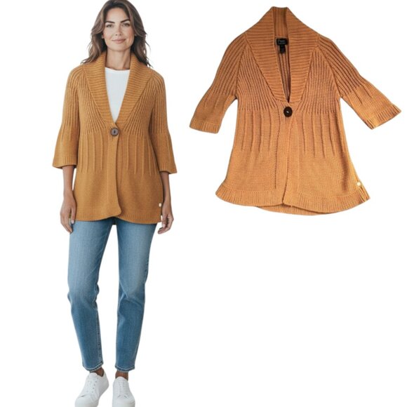 Pure Handknit Chunky Knit Sweater Women's Sz M/L 3/4 Bell sleeve Yellow Cardigan - Picture 1 of 14